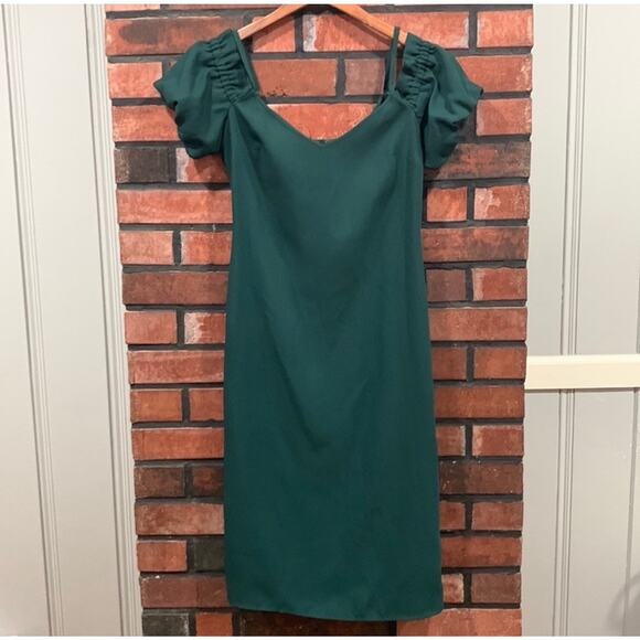 Club Monaco Ralph Lauren Midi Dress Size 0 Forest Green Open Cold Off Shoulder - Picture 1 of 14